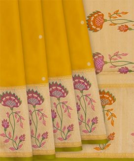 Mustard Handwoven Benarasi Silk Saree With Micro Butta & Flower Motifs in Meena Border & Pallu