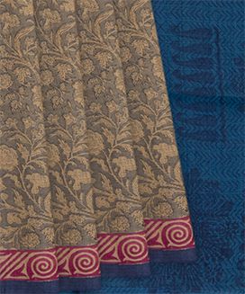 Beige Handwoven Printed Tussar Silk Saree With Vine Motifs & Contrast Blue Pallu