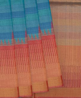 Blue Handwoven Tussar Silk Saree With Stripes & Contrast Red Border
