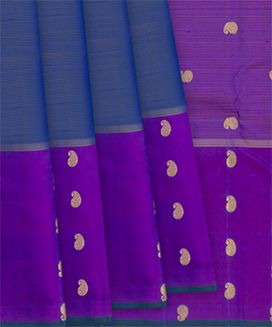 Blue Handwoven Kanchipuram Silk Saree With Golden Zari Stripes And Mango Butta in Border 