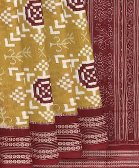 Mustard Handwoven Orissa Cotton Saree With Square Patterns & Contrast Red Border