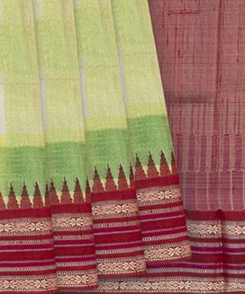 Green Tussar Gitcha linen Printed Silk Saree With Maroon Border
