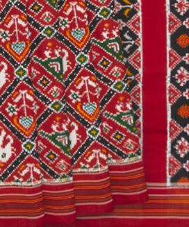 Crimson Handwoven Double Ikat Saree With Elephant & Bird Motifs in Diamond Pattern