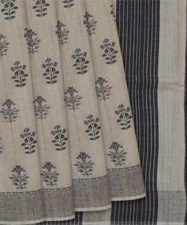 Off White Handloom Printed Tussar Silk Saree With Floral Motifs
