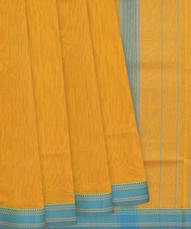 Mango Yellow Handloom Maheswari Silk Cotton Saree With Turquoise Border
