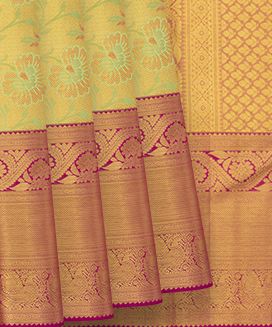 Gold Handwoven Kanchipuram Tissue Silk Saree With Floral Vine Motifs & Evening Morning Zari Border