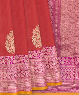 Red Handwoven Benarasi Silk Saree With Paisley Motifs And Vine Motifs in Contrast Evening Morning Border