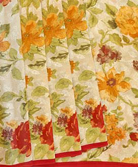 Cream Georgette Printed Silk Saree With Floral Motifs
