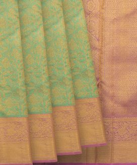 Aquamarine Handwoven Kanchipuram Korvai Tissue Silk Saree With Floral Vine Motifs & Contrast Pink Border, Pallu