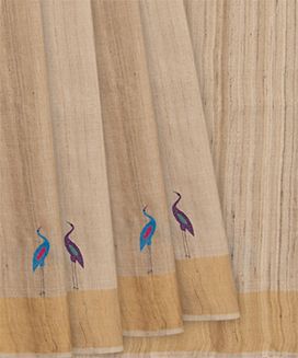 Sandal Handwoven Tussar Silk Saree With Stork Motifs in Border & Pallu