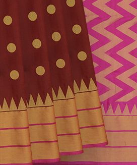 Maroon Handwoven Kanchipuram Silk Saree With Coin Butta & Chevron Motifs in Pink Pallu