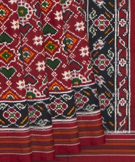 Crimson Handwoven Double Ikat Saree With Diamond Motifs & Flower VIne Motifs in Pallu