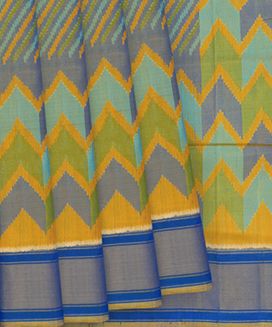 Mango Yellow Handloom Ikat Silk Saree With Stripes & Chevron Motifs
