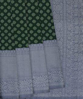 Dark Green Handloom Soft Silk Saree With Kamalam Motifs & Grey Border
