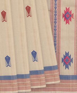 Sandal Handwoven Tussar Silk Saree With Fish & Bird Motifs in Body & Pallu
