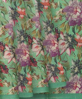 Green Handloom Printed Tussar Silk Saree With Floral Motifs
