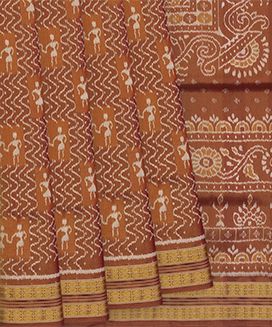 Rust Handloom Orissa Silk Saree With Tribal Motifs
