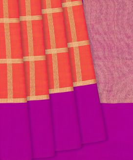 Orange Handloom Kanchipuram Silk Saree With Zari Checks