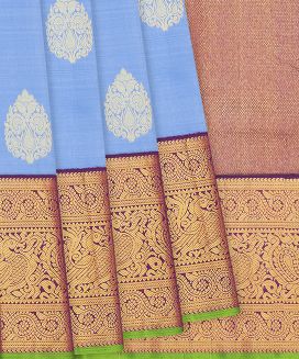 Turquoise Handloom Kanchipuram Korvai Silk Saree With Floral Motifs