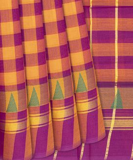 Purple & Mustard Chettinad Nine Yards Cotton Saree With Checks
