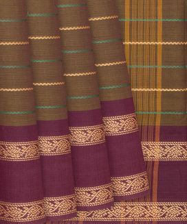 Brown Chettinad Nine Yards Cotton Saree With Bledari Stripes
