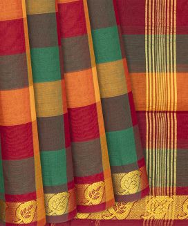 Multi Colour Chettinad Nine Yards Cotton Saree With Checks
