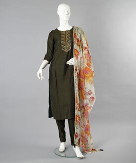 Deep Olive Salwar Suit With Light Floral Digital Printed Dupatta
