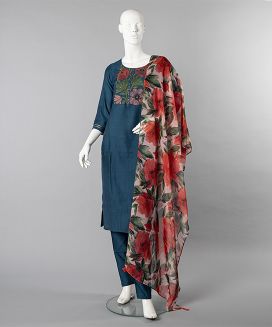 Teal Salwar Suit With Contrast Floral Dupatta
