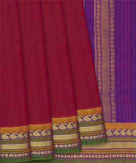 Crimson Handloom Gadwal Silk Cotton Saree With Mango Motifs
