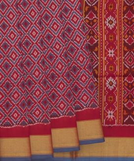 Red Handloom Single Ikat Single Saree With Diamond Motifs & Zari Border
