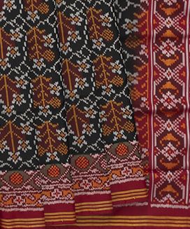 Black Handloom Double Ikat Silk Saree With Geometric Floral Motifs & Crimson Border

