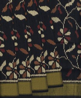 Black Handloom Single Ikat Silk With Dupion Saree Floral Vine Motifs
