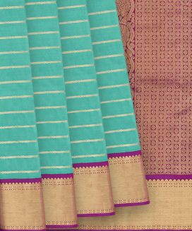 Turquoise Handloom Kanchipuram Korvai Silk Saree With Stripes & Pink Border
