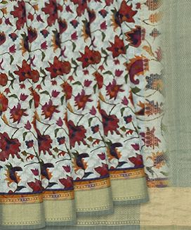 Off White Handloom Printed Tussar Silk Saree With Floral Vine Motifs

