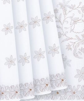 White Chikankari Embroidered Cotton Saree With Floral Motifs In Mustard Threads