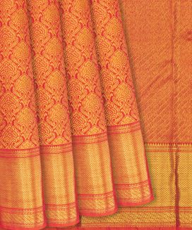 Orange Handloom Kanchipuram Silk Saree With Floral Zari Motifs