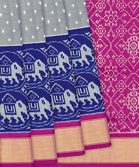 Grey Handloom Single Ikat Silk Saree With Dotted & Elephant Motifs