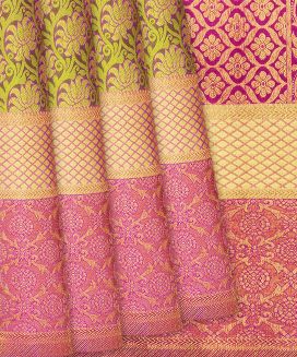 Green Handloom Kanchipuram Silk Saree With Meena Floral Motifs
