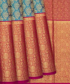 Cyan Handloom Kanchipuram Korvai Silk Saree With Floral Motifs

