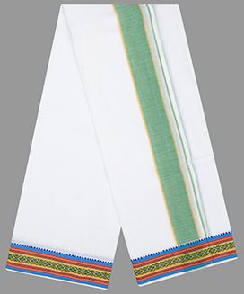 White 9 X 5 Handwoven Cotton Dhoti with Multi Colour & Flower motif  Border
