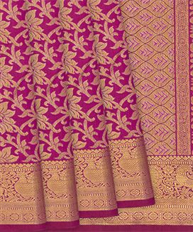 Pink Handloom Kanchipuram Silk Saree With Floral Vine Zari Motifs
