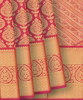 Red Handloom Kanchipuram Silk Saree With Floral Zari Motifs
