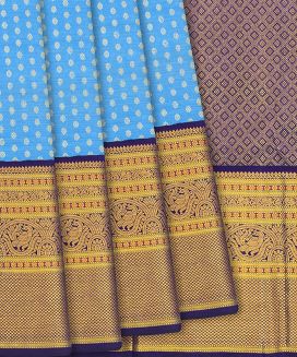 Turquoise Handloom Kanchipuram Korvai Silk Saree With Kamalam Motifs