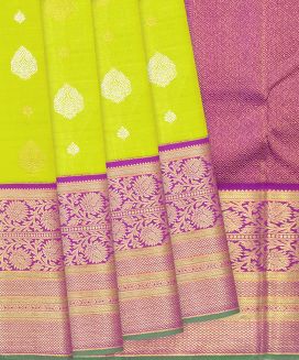 Neon Green Handloom Kanchipuram Korvai Silk Saree With Floral Motifs
