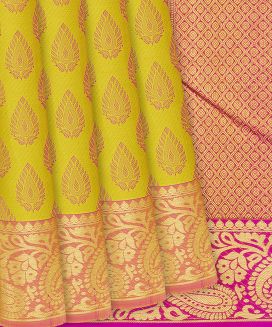 Mustard Handloom Kanchipuram Silk Saree With Floral Motifs

