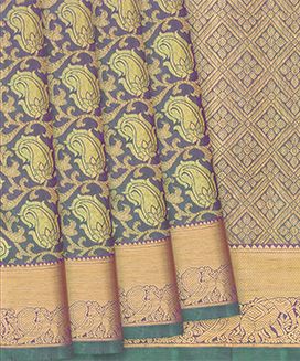 Greenish Grey Handloom Kanchipuram Silk Saree With Mango Vine Motifs
