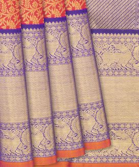 Orange Handloom Kanchipuram Silk Saree With Floral Vine Motifs
