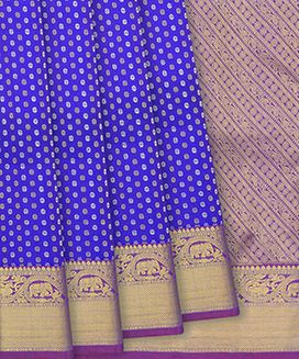 Blue Handloom Kanchipuram Silk Saree With Floral Motifs & Magenta Pallu
