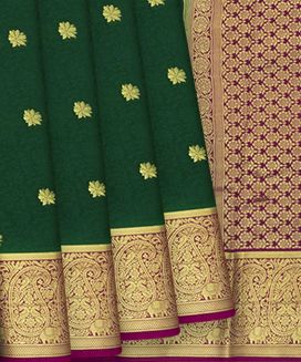Dark Green Mysore Silk Saree With Floral Butta & Magenta Pallu
