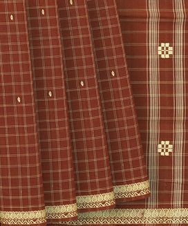 Rust Handloom Kadapa Cotton Saree With Checks & Buttas